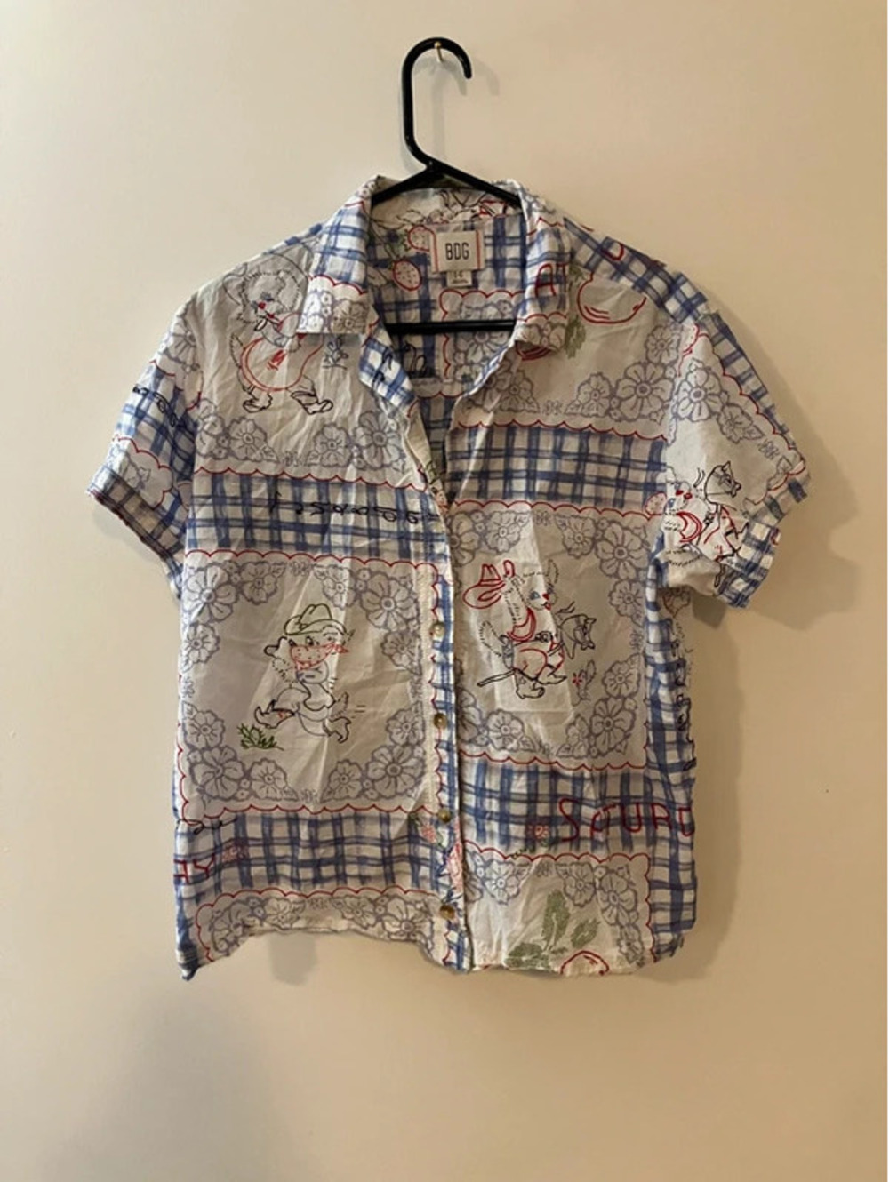 BDG Womens L Camp Shirt Cowboy Western Gingham Embroidery Print Cotton Button Up